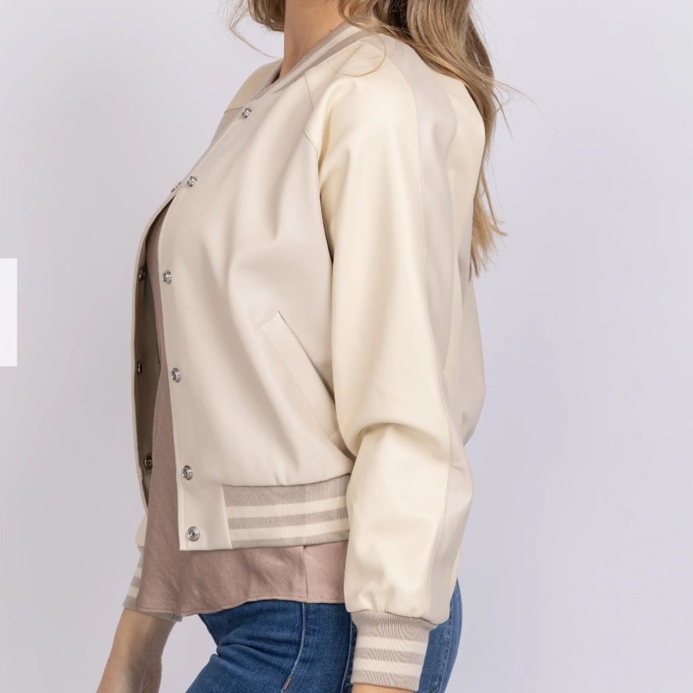 Central Park West Spencer Varsity Cream Bomber Jacket, Small - Picture 2 of 8